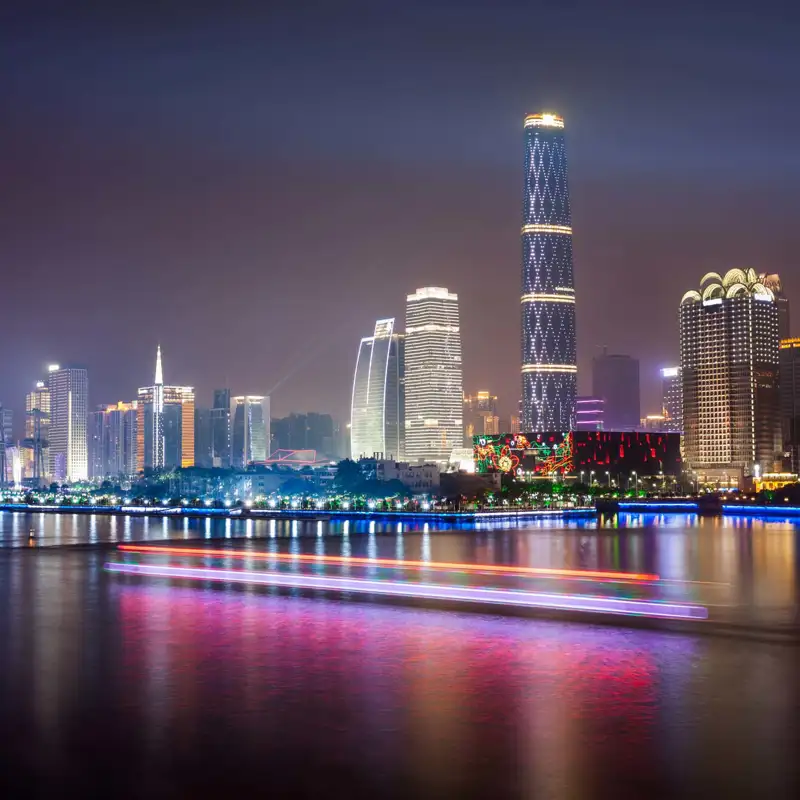 Night time view of the water and skyline