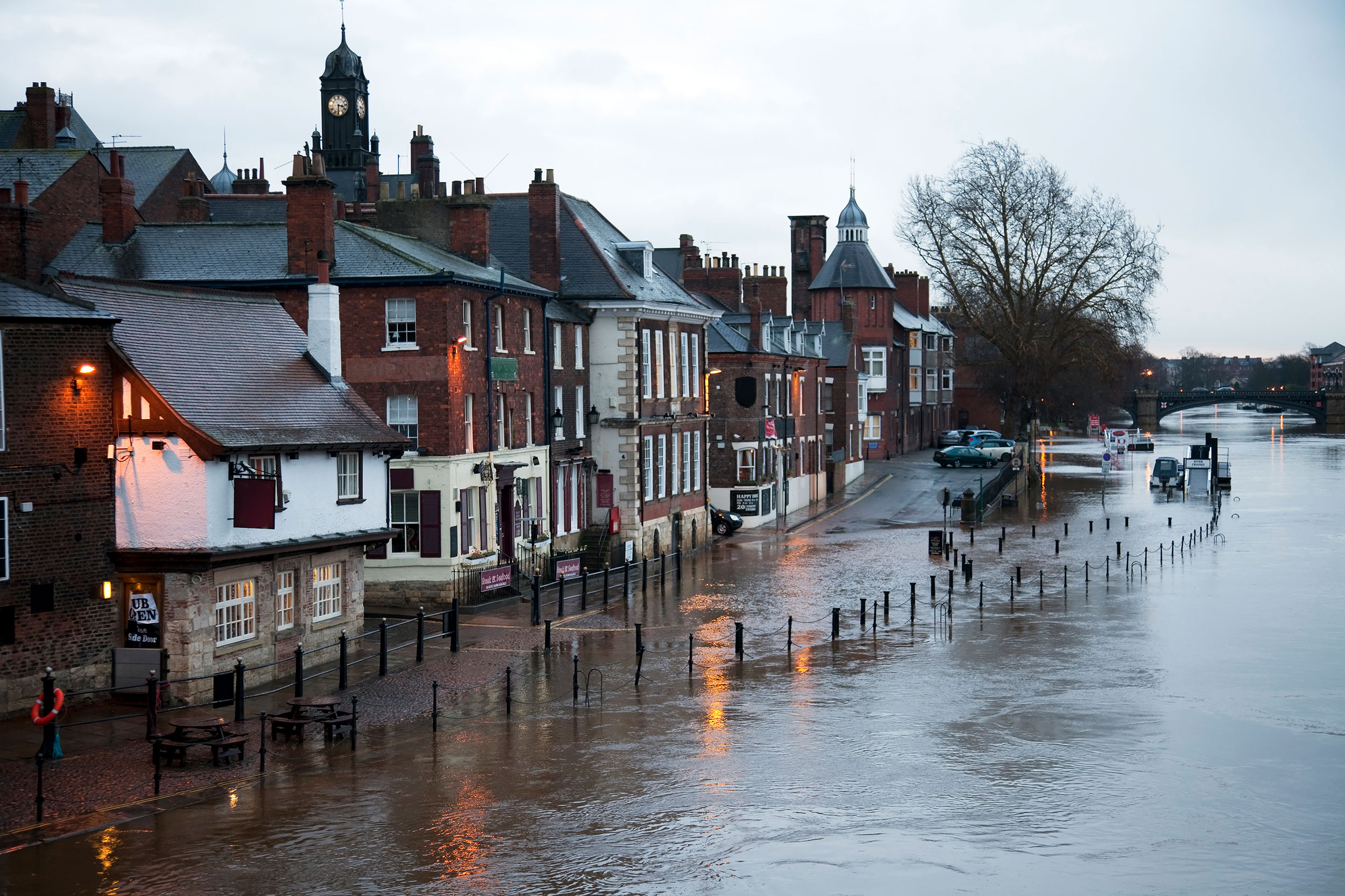 A city block affected by floodwaters